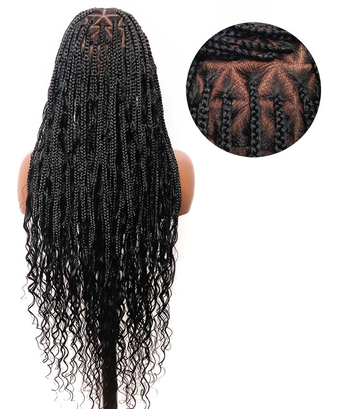 Triangle Base Full Lace Tangleless Human Hair Boho Curls Knotless Boho Box Braided Wig 36