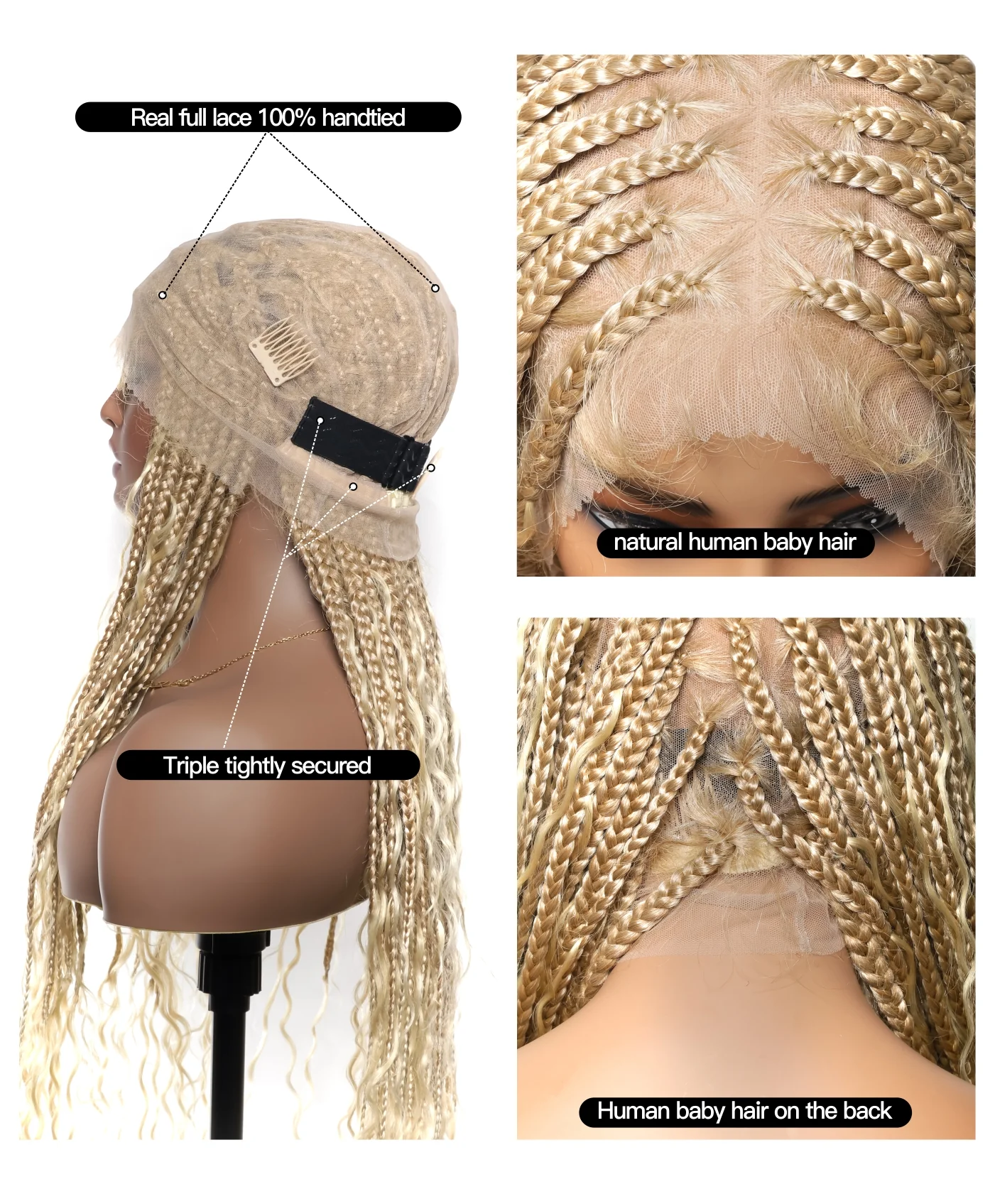 Triangle Base Full Lace Tangleless Human Hair Boho Curls Knotless Boho Box Braided Wig 36