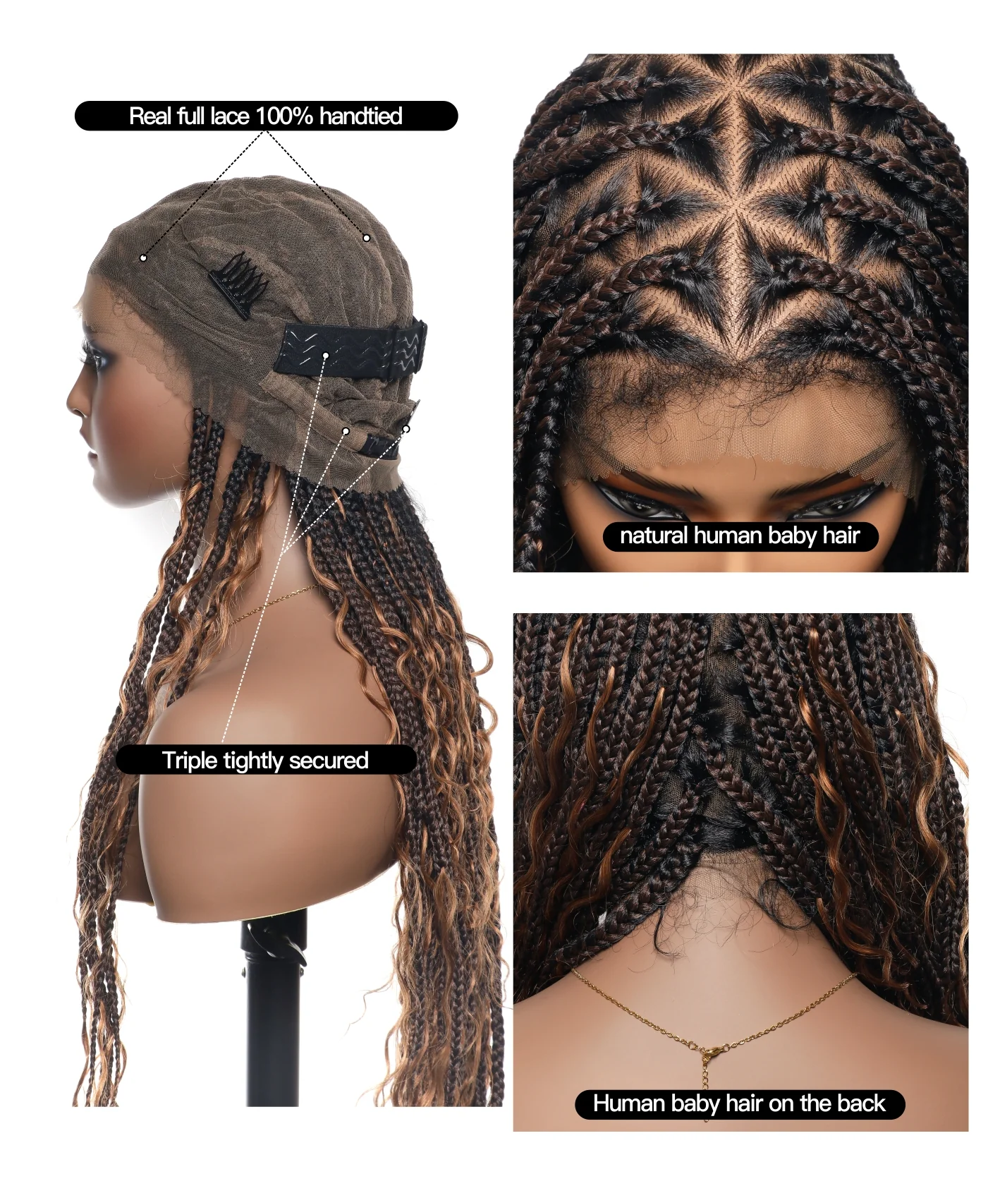 Triangle Base Full Lace Tangleless Human Hair Boho Curls Knotless Boho Box Braided Wig 36